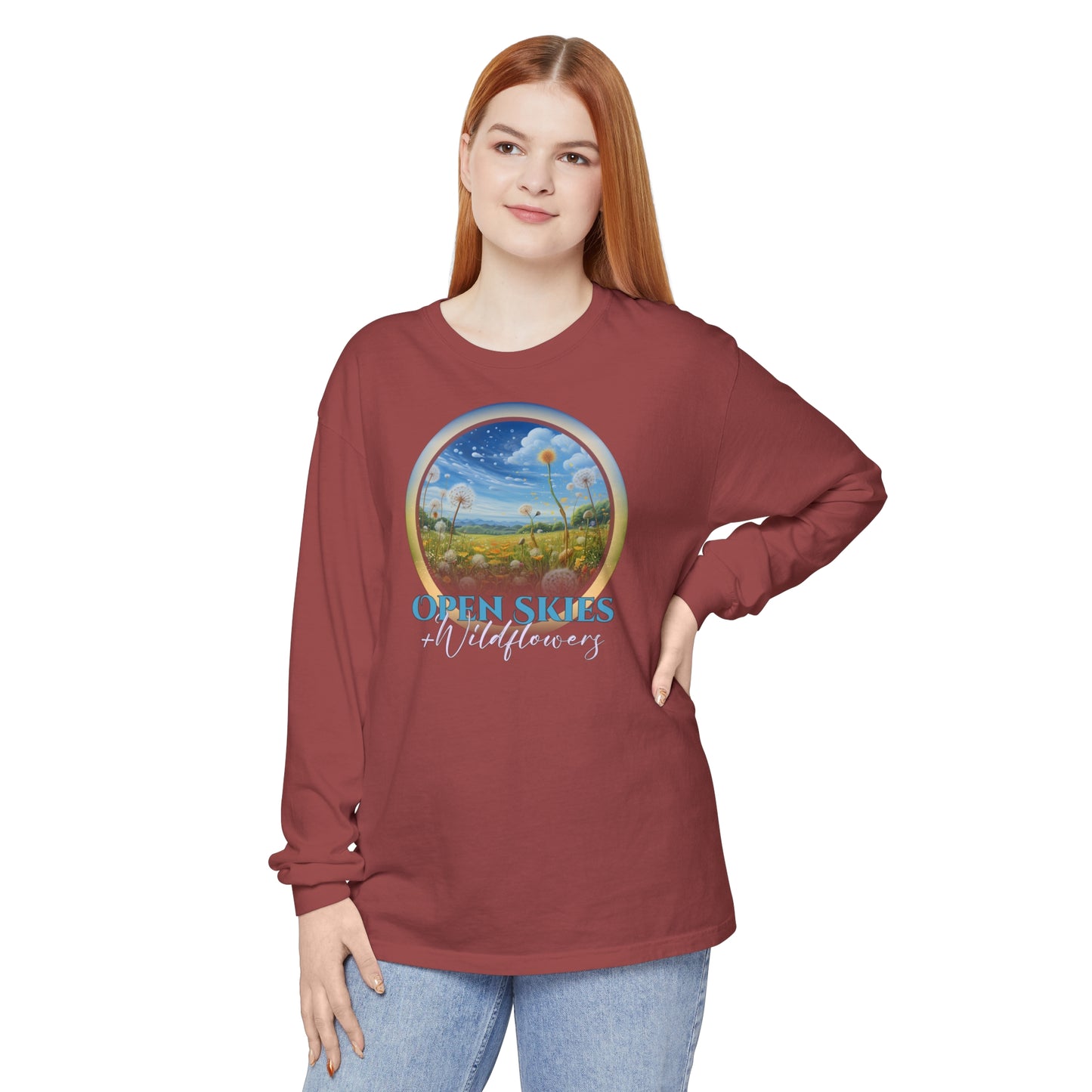 Open Skies and Wildflowers - Unisex Garment-dyed Long Sleeve T-Shirt