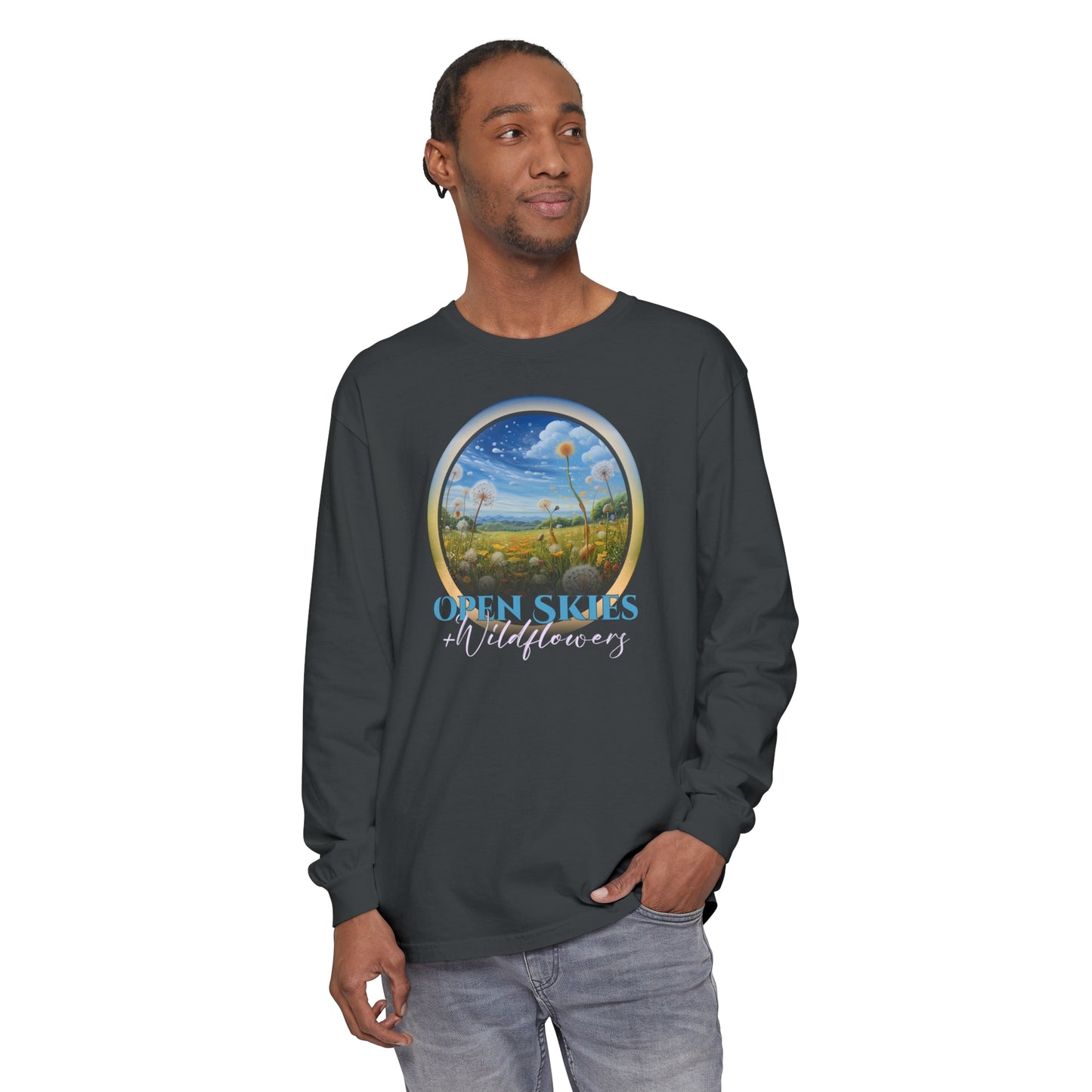 Open Skies and Wildflowers - Unisex Garment-dyed Long Sleeve T-Shirt