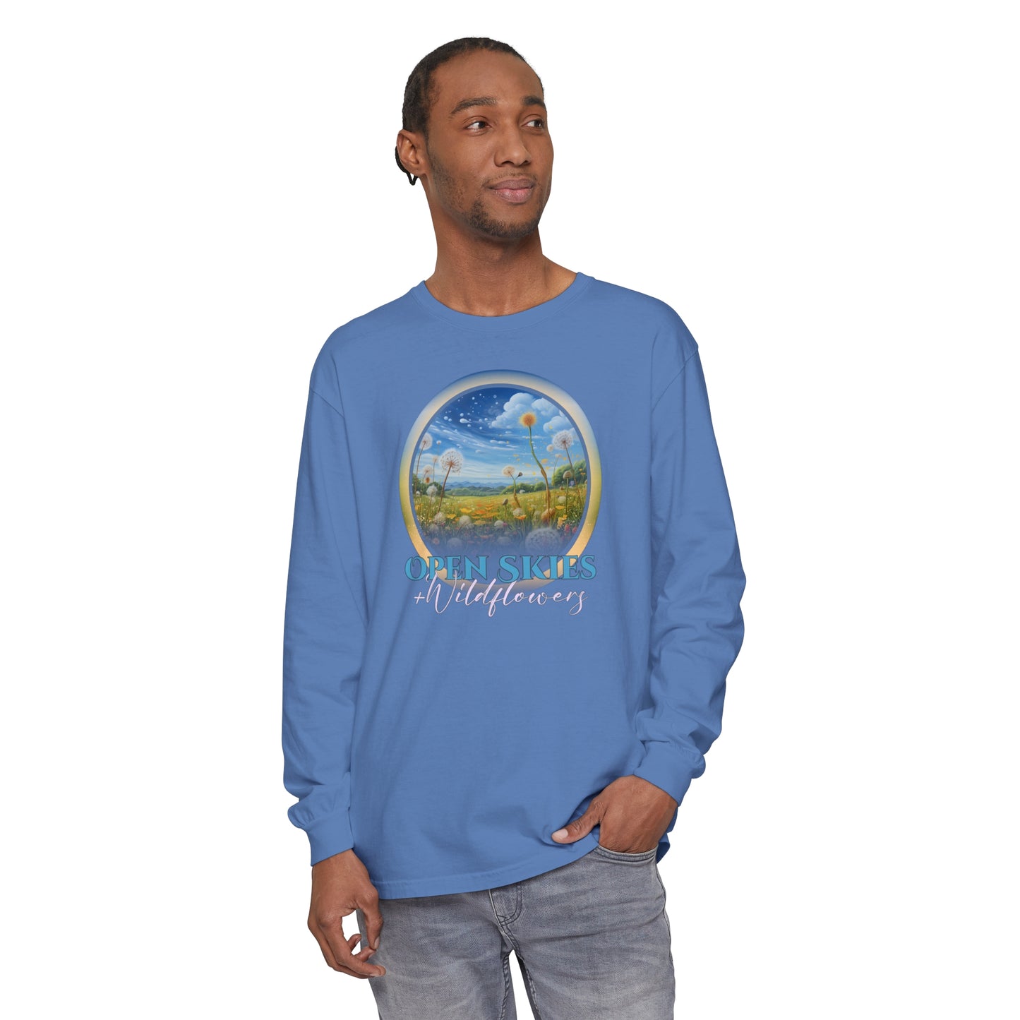 Open Skies and Wildflowers - Unisex Garment-dyed Long Sleeve T-Shirt