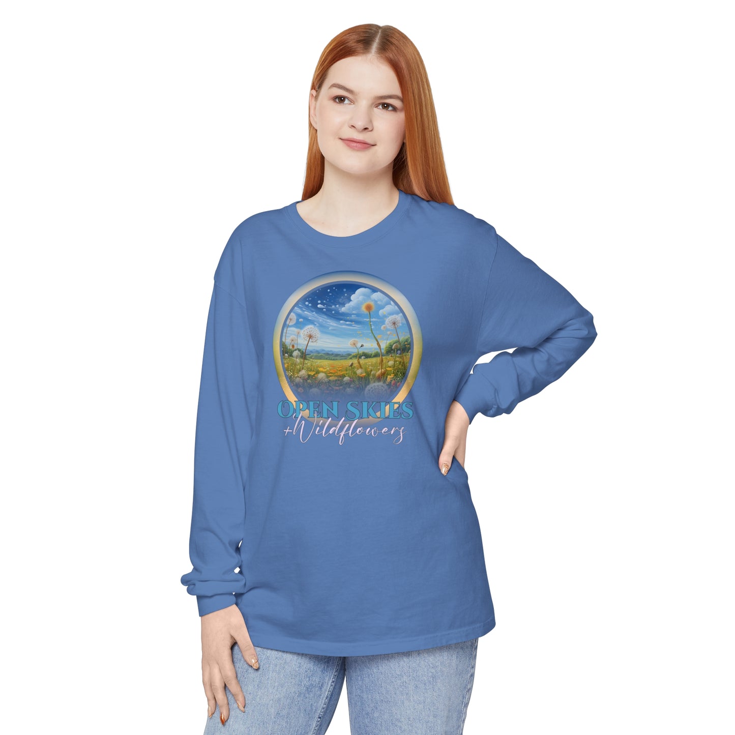 Open Skies and Wildflowers - Unisex Garment-dyed Long Sleeve T-Shirt