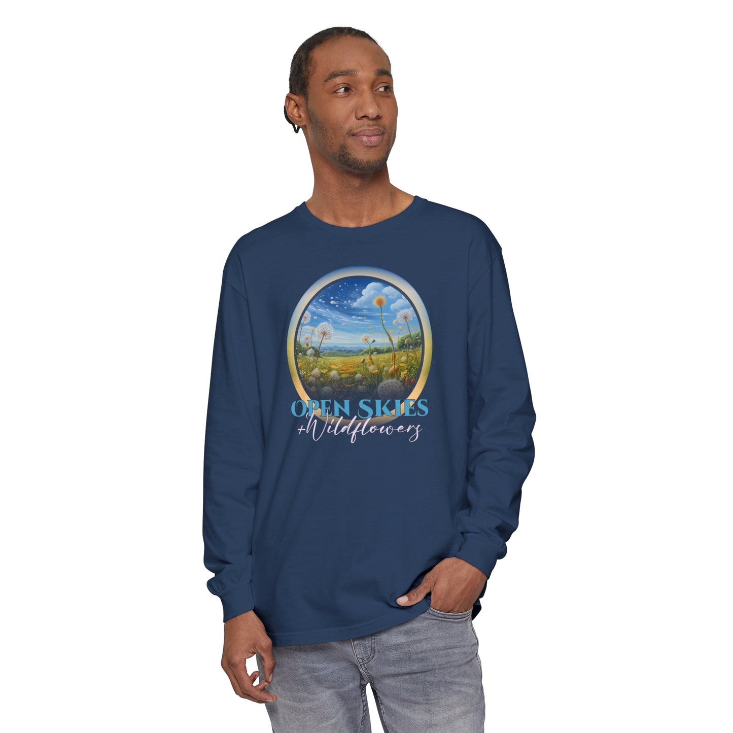 Open Skies and Wildflowers - Unisex Garment-dyed Long Sleeve T-Shirt