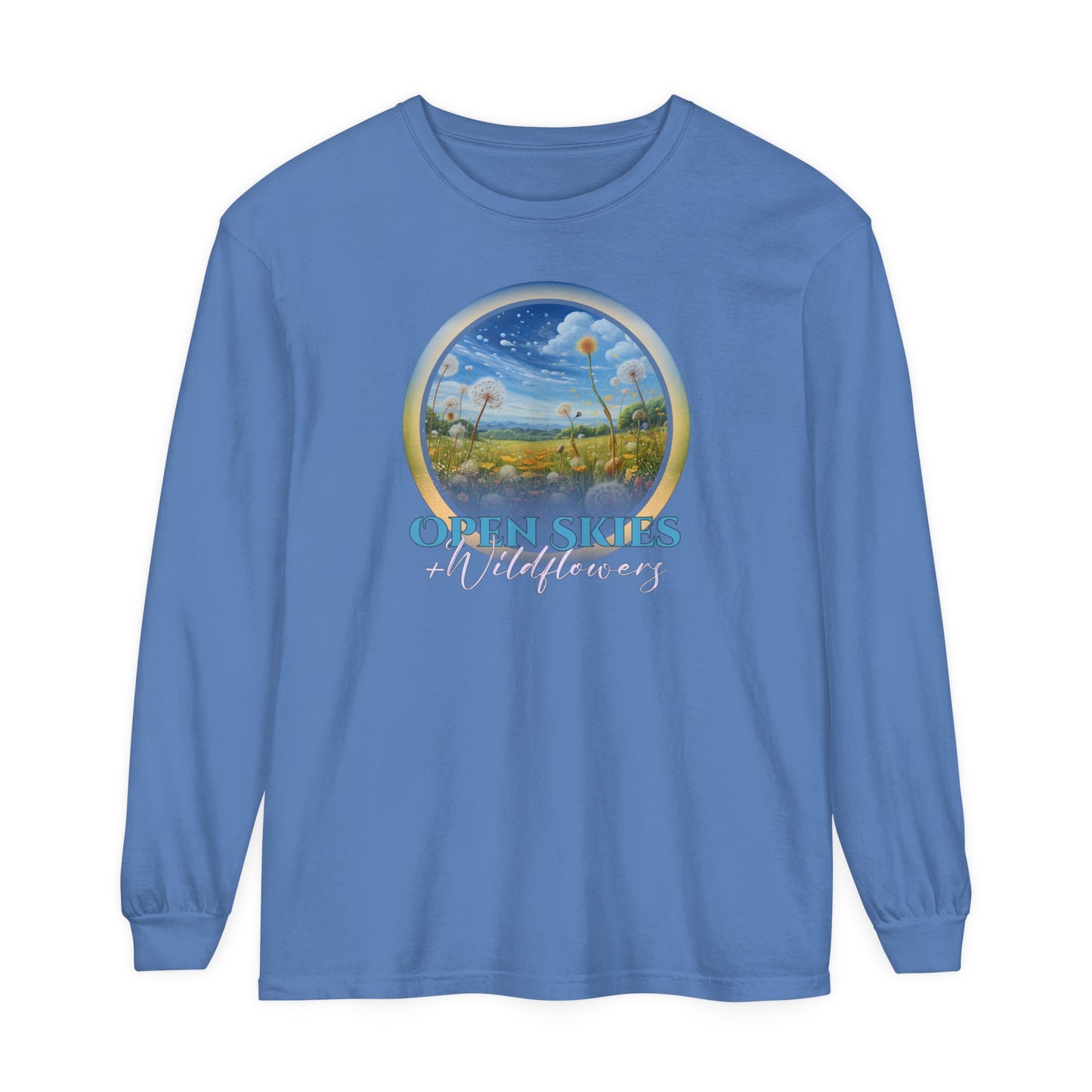 Open Skies and Wildflowers - Unisex Garment-dyed Long Sleeve T-Shirt