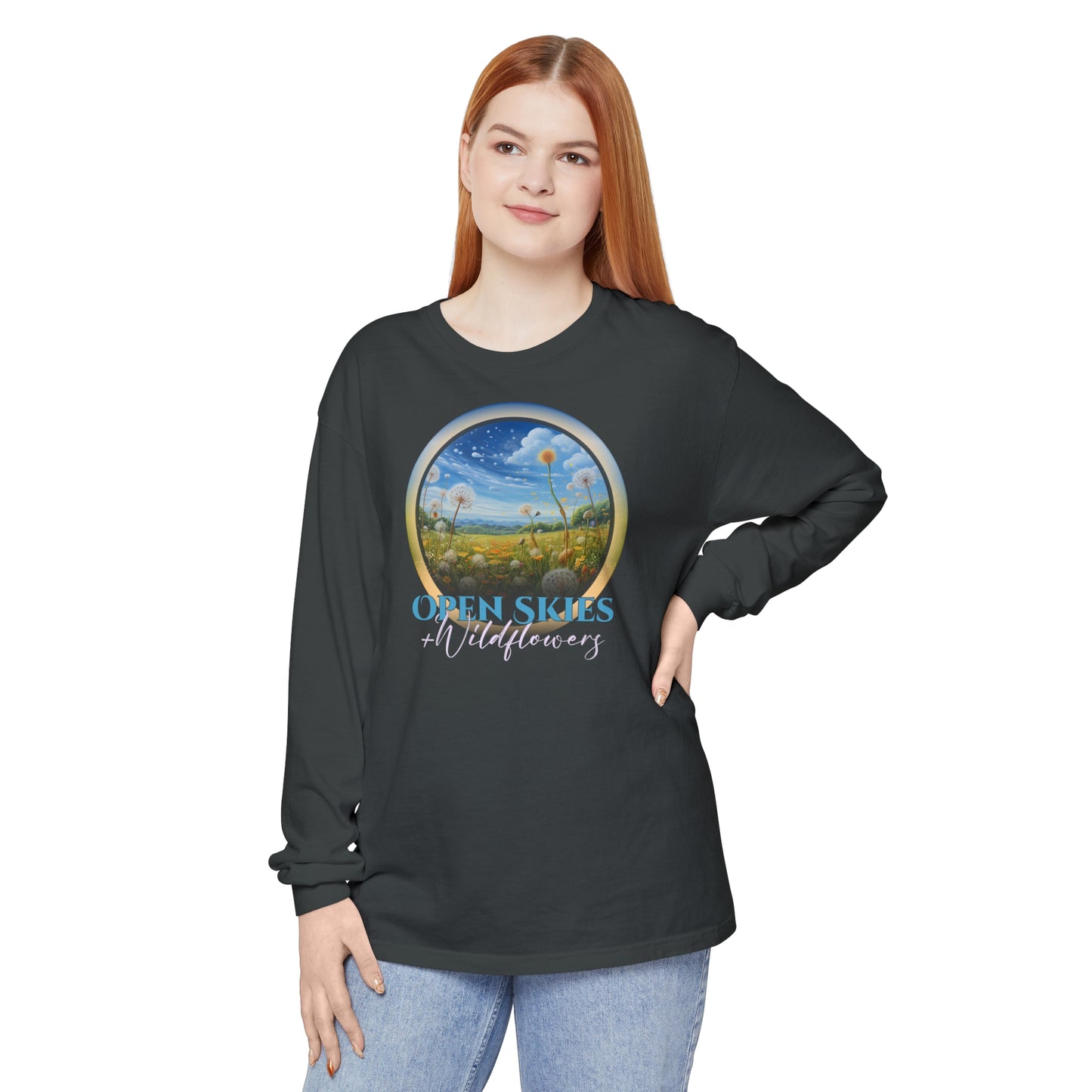 Open Skies and Wildflowers - Unisex Garment-dyed Long Sleeve T-Shirt