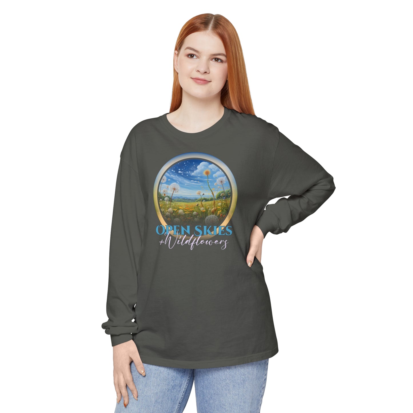Open Skies and Wildflowers - Unisex Garment-dyed Long Sleeve T-Shirt