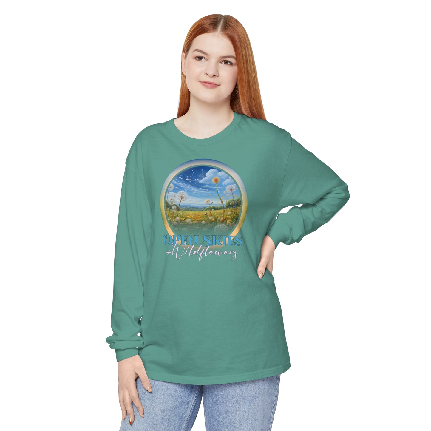 Open Skies and Wildflowers - Unisex Garment-dyed Long Sleeve T-Shirt