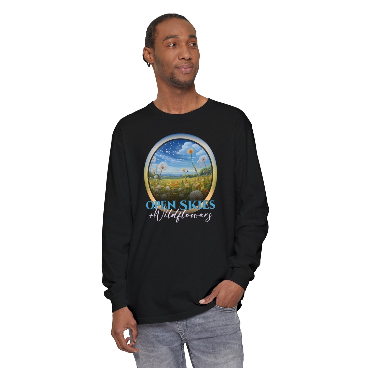 Open Skies and Wildflowers - Unisex Garment-dyed Long Sleeve T-Shirt
