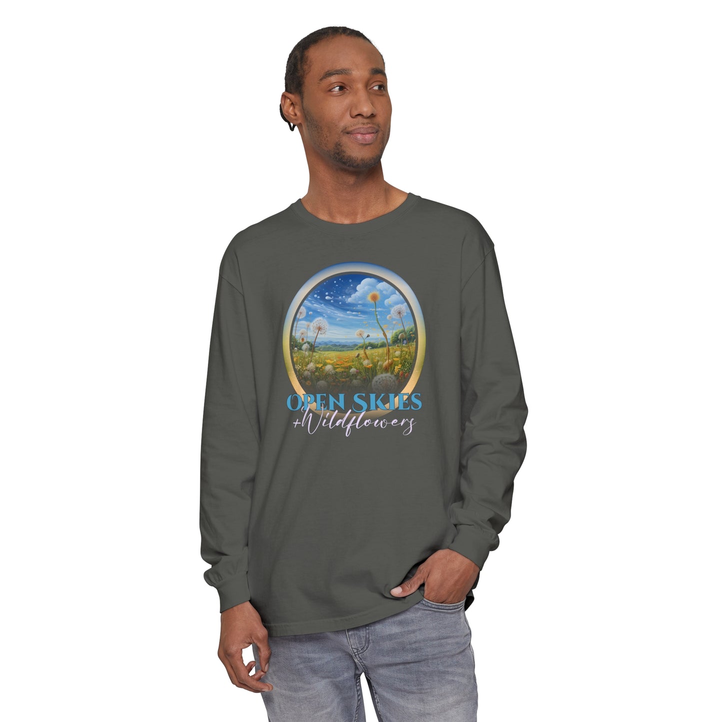 Open Skies and Wildflowers - Unisex Garment-dyed Long Sleeve T-Shirt