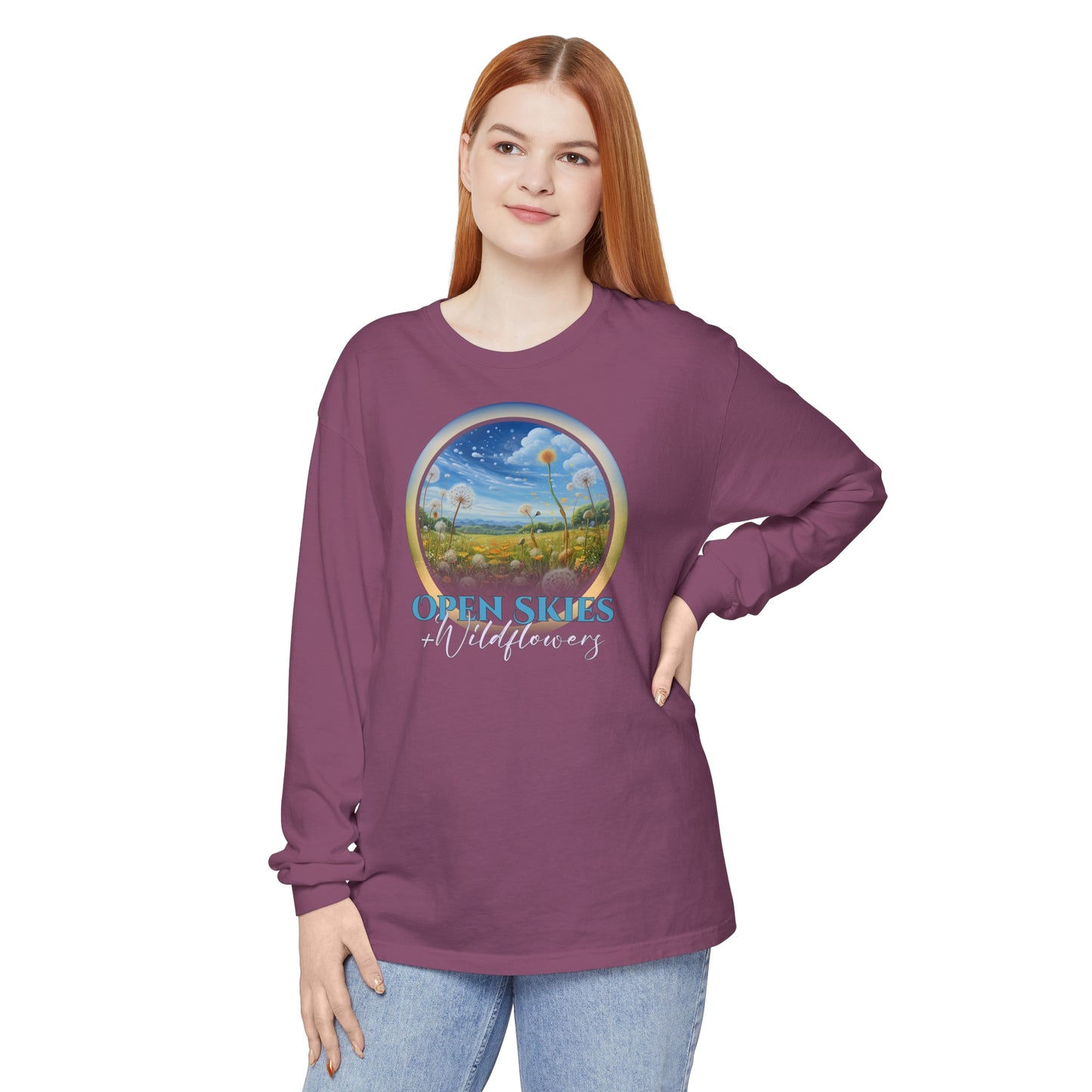 Open Skies and Wildflowers - Unisex Garment-dyed Long Sleeve T-Shirt