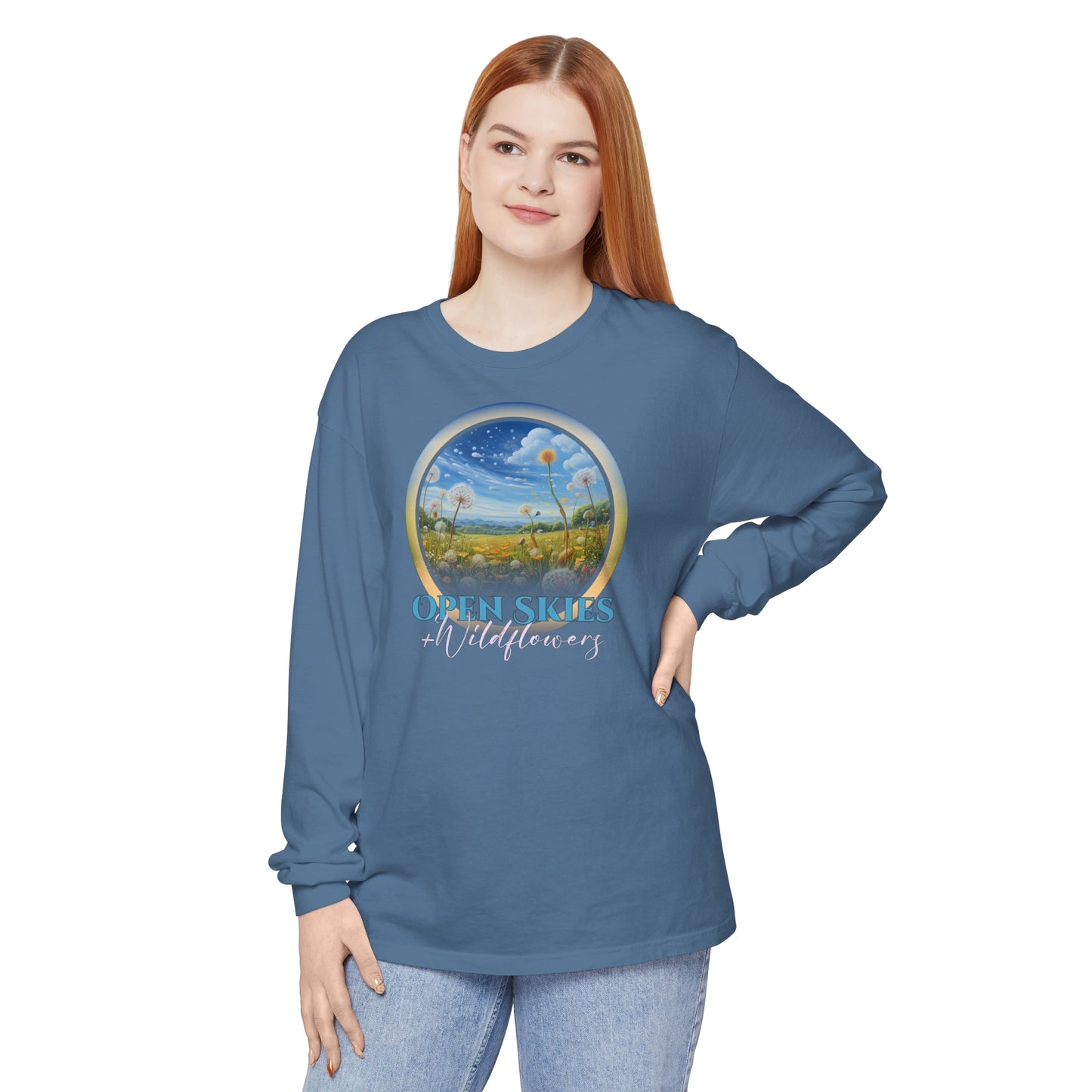 Open Skies and Wildflowers - Unisex Garment-dyed Long Sleeve T-Shirt