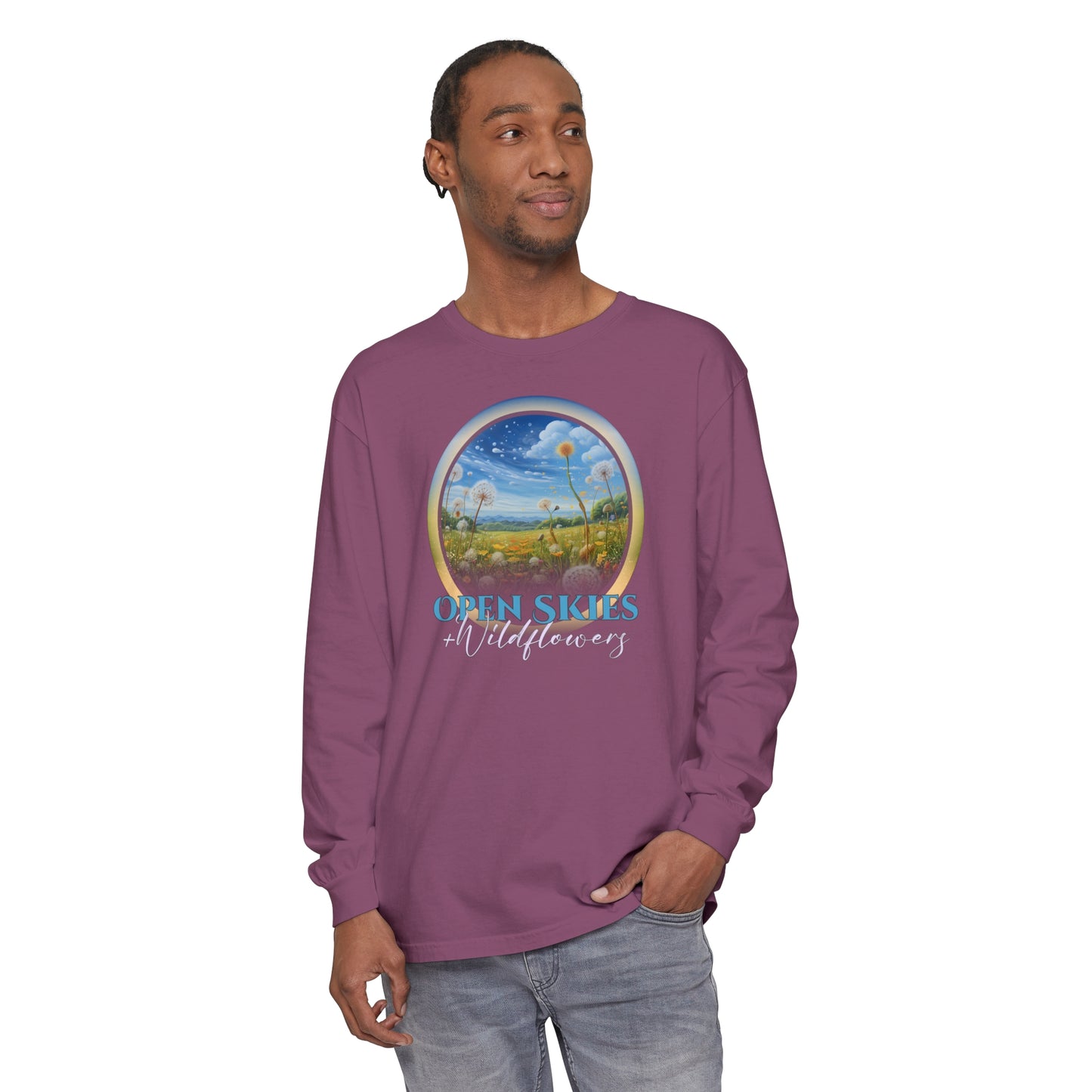 Open Skies and Wildflowers - Unisex Garment-dyed Long Sleeve T-Shirt
