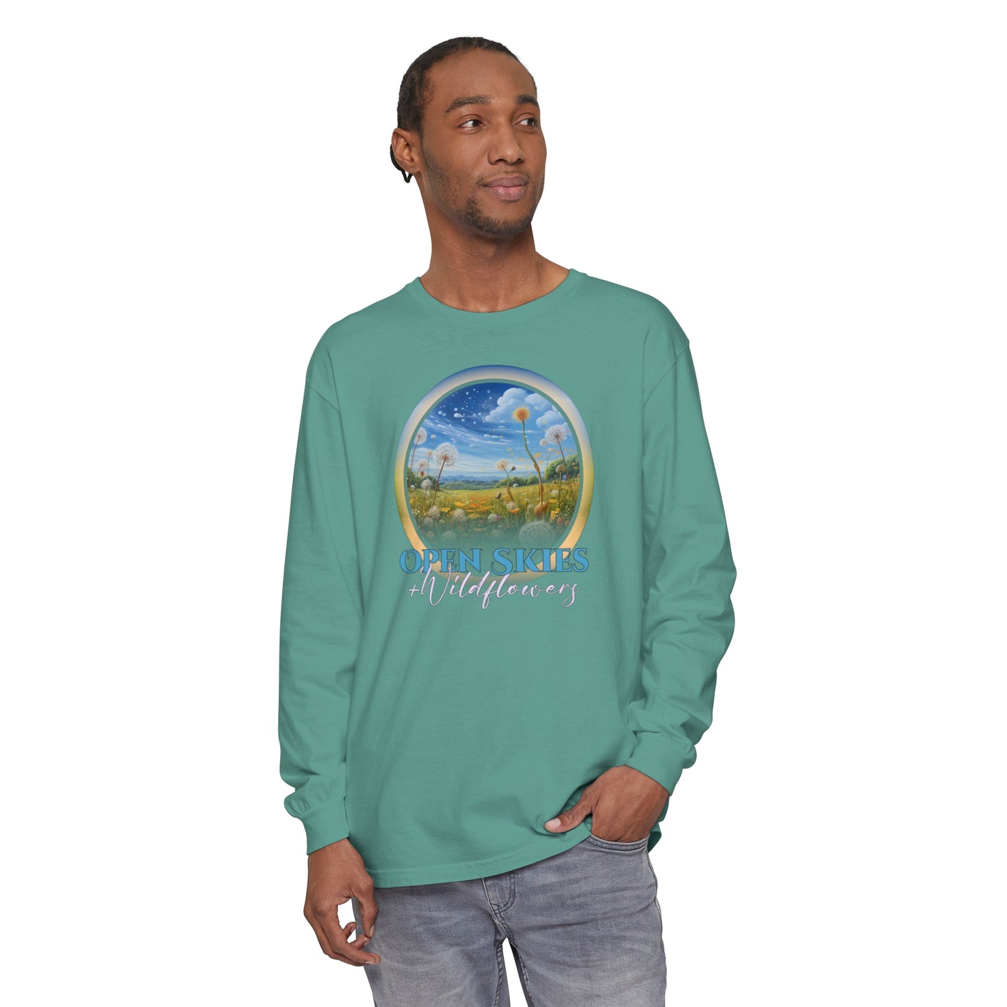 Open Skies and Wildflowers - Unisex Garment-dyed Long Sleeve T-Shirt
